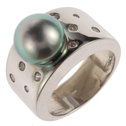 Bague en argent, perle de Tahiti, oxyde de zirconium