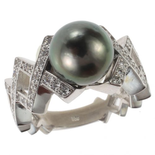 Bague en argent, perle de Tahiti, oxyde de zirconium