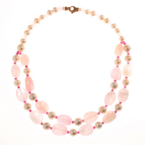Collier double rangs, en perle blanche d’eau douce, quartz rose, fermoir en vermeil