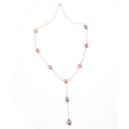 Collier en forme de « Y » sur chaîne or rose avec 9 perles roses d’eau-douce
