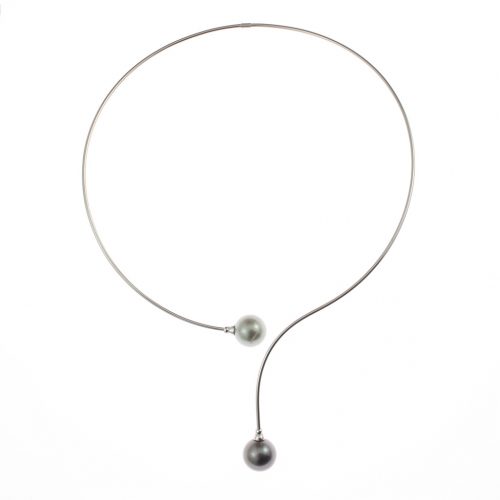 Toi et moi : câble en argent semi-rigide avec 2 perles de Tahiti