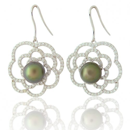 Boucles d'oreilles fleur en argent avec perles de tahiti et oxydes de zirconnium