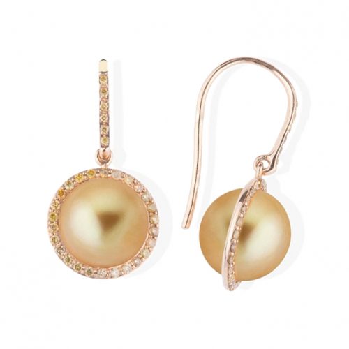 Boucles d'oreilles or jaune, perles dorées des mers du sud et diamants