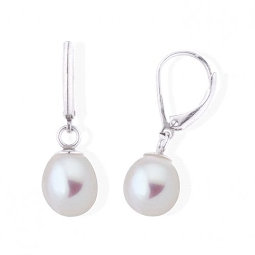 Boucles d'oreilles dormeuses en argent et perles d'eau-douce blanches ovales 8 mm