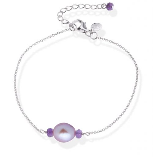Bracelet en argent, perle d'eau-douce et sertie d' améthystes